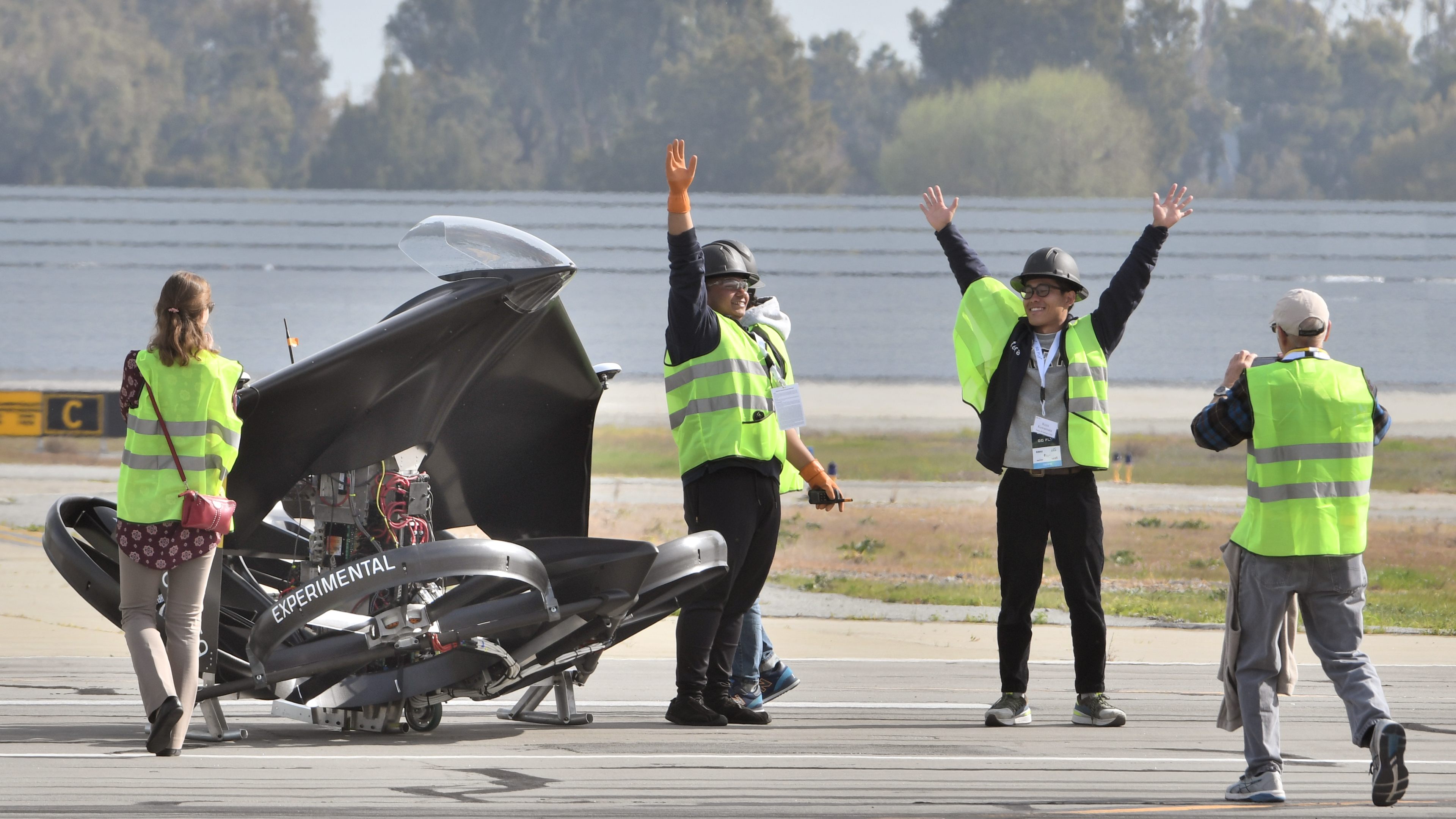 Team teTra members celebrate after an unmanned demonstration of their aerial vehicle February 28, at the GoFly Prize Final Fly Off. The team, from Japan, later received Pratt & Whitney's $100,000 Disruptor award. Photo by Mike Collins.