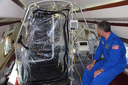 An aeromedical biological containment system  takes up about 50 percent of the interior space inside a highly modified Gulfstream jet operated by Phoenix Air of Cartersville, Georgia. Photo courtesy of Phoenix Air.
