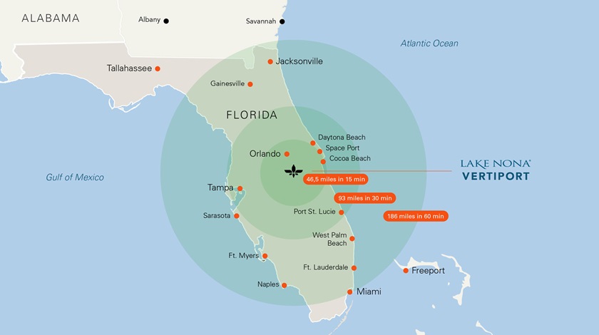 Lilium envisions a regional network of aircraft that will serve 20 million Floridians within Lilium Jet range of Orlando. Image courtesy of Lilium.
