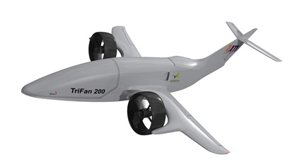 The TriFan 200 to be developed by XTI Aircraft will be unmanned and able to haul up to 500 pounds of cargo up to 200 nautical miles. VerdeGo will supply the hybrid powerplant. Image courtesy of XTI Aircraft Co.