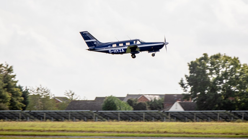 ZeroAvia’s Piper test aircraft flew with a hydrogen fuel cell supplying power to the electric motor on September 24, 2020, in Cranfield, England. The aircraft was damaged in an off-airport landing during a test flight on April 29, 2021. Photo courtesy of ZeroAvia.
