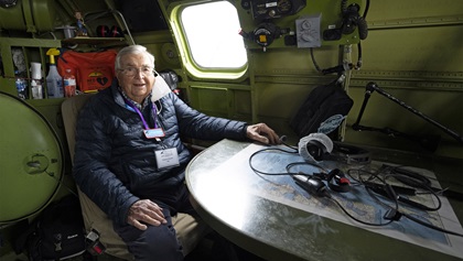 Retired U.S. Air Force Lt. Col. Robert Vaucher takes a position in the navigator’s seat of he Boeing B-29 ‘Doc’ before the Arsenal of Democracy flyover of Washington, D.C., was scrubbed by weather on September 25, 2020. AOPA Photo by David Tulis.