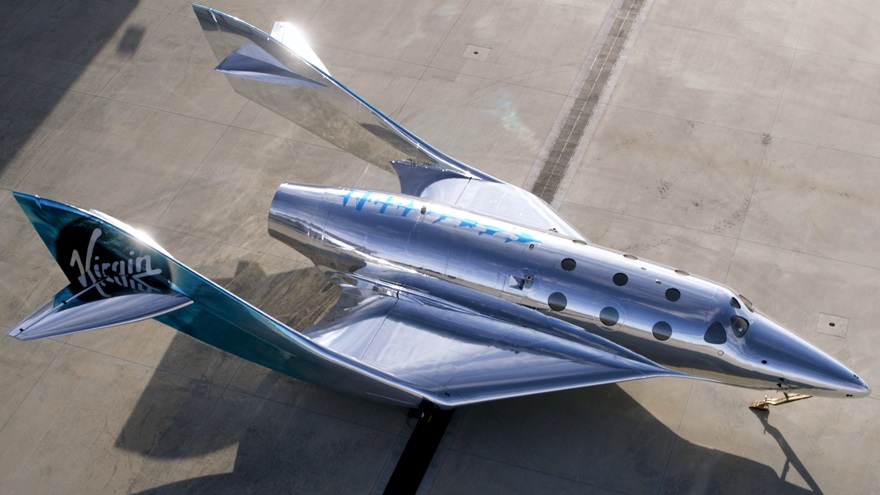 Virgin Galactic gave its newest spaceship a shining coat of chrome to make it more reflective. The first of the SpaceShip III models shares the basic design of its predecessor, with changes that improve maintenance access to facilitate more frequent flights. Photo courtesy of Virgin Galactic.