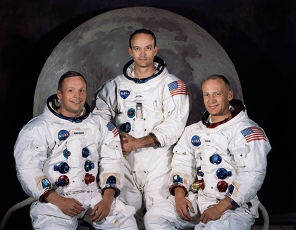 A NASA crew photo of Apollo 11 Commander Neil A. Armstrong, Command Module Pilot Michael Collins, and Lunar Module Pilot Edwin E. Aldrin Jr. Photo courtesy of NASA.