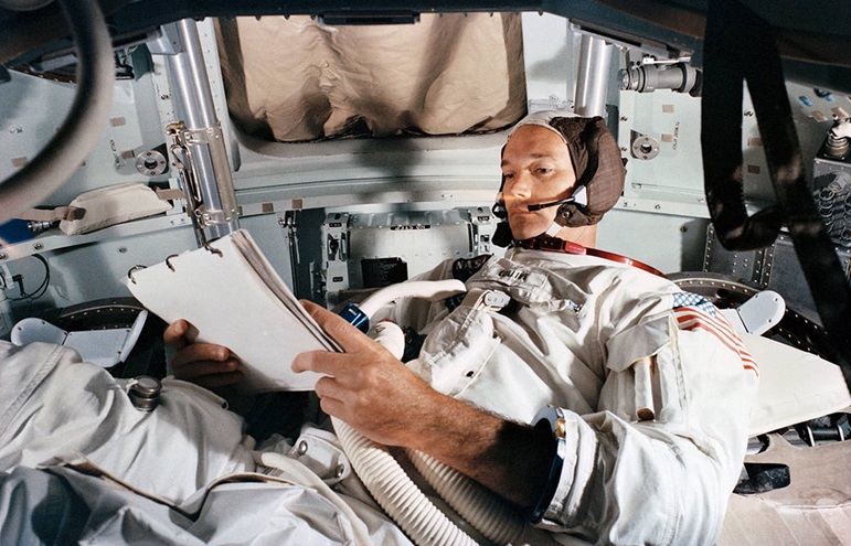 Apollo 11 Command Module pilot Michael Collins practices duties in a simulator on June 19, 1969, at Kennedy Space Center. Photo courtesy of NASA.