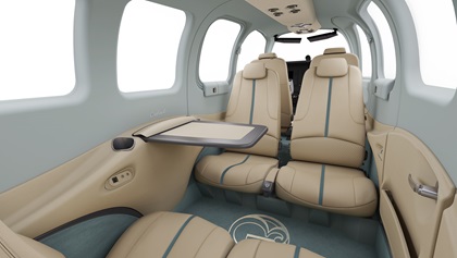 The Mrs. Beech Blue custom color that Olive Ann Beech adopted will be incorporated into the anniversary edition Beechcraft Bonanza’s interior. Photo courtesy of Textron Aviation.