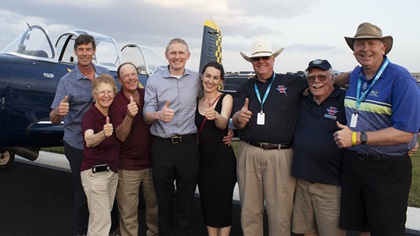 The NAFI and King Schools team welcome and celebrate with 2021 scholarship winner Allen Reenders at the Sun 'n Fun Aerospace Expo. (Left to right: King Schools CEO Barry Knuttila, King Schools co-founders Martha King and John King,  Reenders and his wife Sandy, NAFI Chairman Robert Meder, NAFI Chairman Emeritus Ken Hoffmann, NAFI Board of Directors member J.D. DeBoskey). Photo courtesy of King Schools.