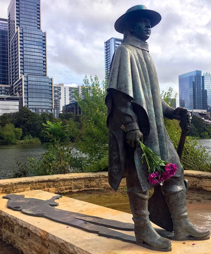 This eight-foot-tall bronze statue of Austin resident Stevie Ray Vaughan is popular with tourists and visiting musicians, including some who leave flowers behind. The city of Austin erected the statue near the shore of Lady Bird Lake in 1994 to honor the blues guitar legend who died in a helicopter accident in 1990. Photo by MeLinda Schnyder.