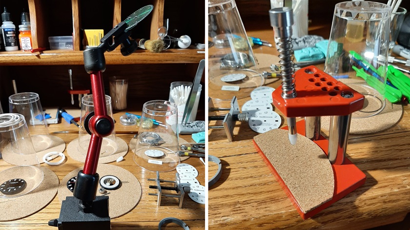 Watch assembly requires some special tools, like the one at left used to align the date magnifier. On the right, a tool used to install the hands. Photos courtesy of Ralph Freshour. 