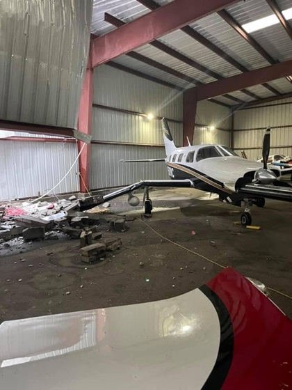 Two hangars were damaged at Louisiana Regional Airport in Gonzales, about 38 miles north of Houma-Terrebonne Airport in Houma and also in the path of the hurricane. A Piper Malibu was damaged by falling debris in one of the hangars, though other aircraft were not. Photo courtesy of AOPA Airport Support Network volunteer Logan Eichelberger.