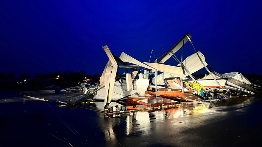 A massive, long-track tornado that cut a 200-mile swath of destruction across Kentucky in the predawn hours of December 11 destroyed three buildings housing 18 T-hangars at Danville Boyle County Airport-Stuart Powell Field. Photo courtesy of Nick Barker.
