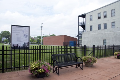 The site of the Wright brothers’ bicycle shop, where the brothers built their first airplanes, is now a vacant lot in Dayton, Ohio. The building was moved to Greenfield Village, an outdoor living history museum in Dearborn, Michigan. Photo by Dennis K. Johnson.