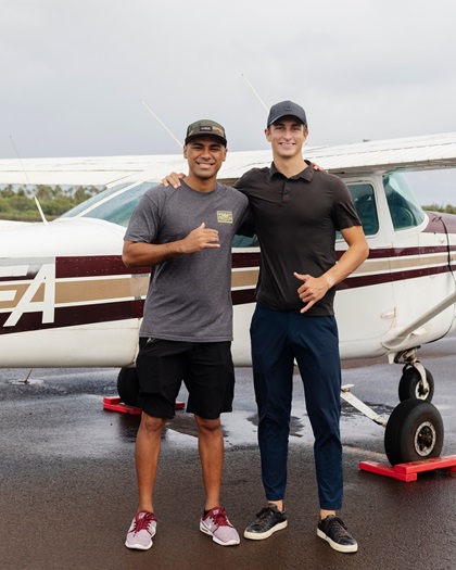 Student pilot Elliot Pereira, left, was preparing to get signed off for a solo cross-country with CFI Preston Schoewe on November 19 when engine trouble changed the plan. The two worked together, remaining calm and dividing tasks while Schoewe took over pilot-in-command duties. Photo courtesy of Preston Schoewe.