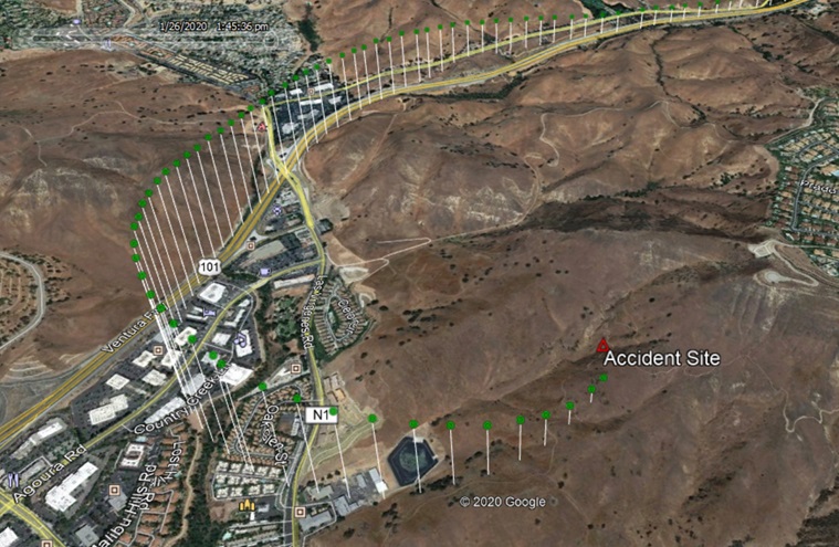 This graphic shows the path of the final minute of the accident flight. Google Earth image with NTSB overlay, courtesy of the NTSB. 
