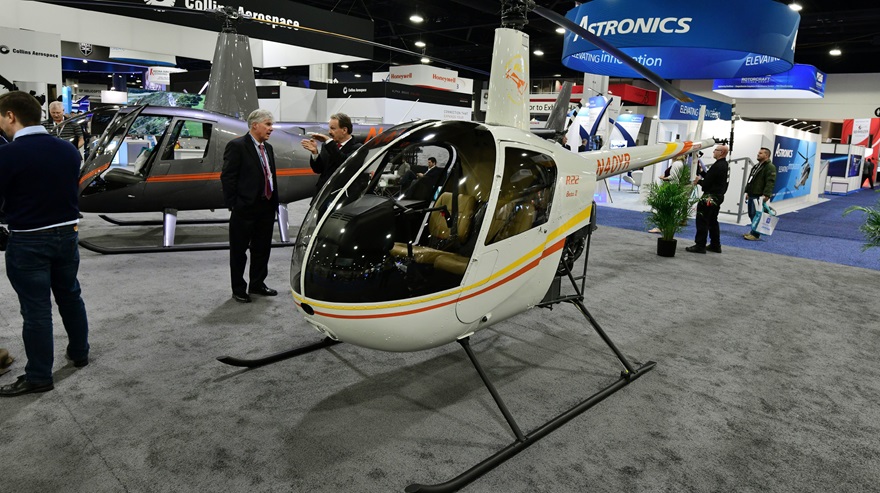 The fortieth anniversary Robinson R22 helicopter, painted just like the first R22 in March 1979 but equipped with modern amenities, was displayed at HAI Heli-Expo 2019 in Atlanta. The 2021 event has been canceled due to the ongoing coronavirus pandemic. Photo by Mike Collins.