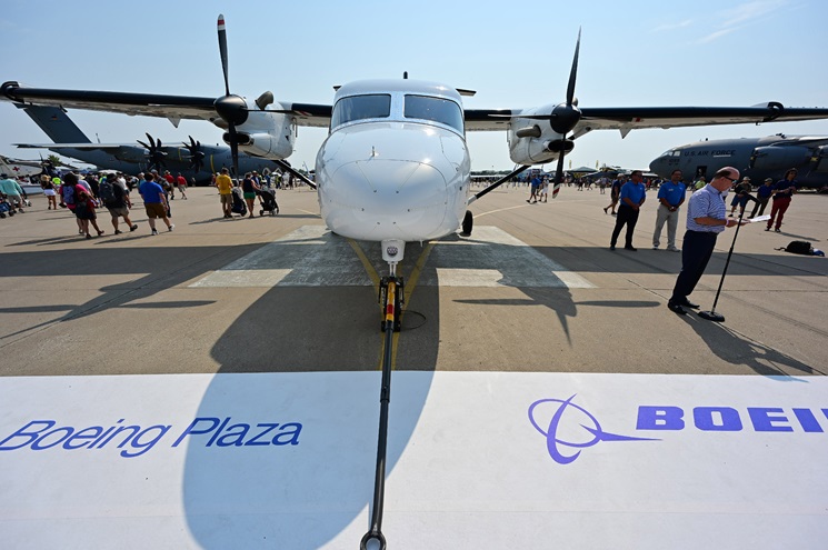 Textron Aviation displays the three-door Cessna SkyCourier 408 twin turboprop cargo or passenger aircraft at Boeing Plaza during EAA AirVenture in Oshkosh, Wisconsin, on July 26. Photo by David Tulis.