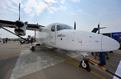Textron Aviation displays the Cessna SkyCourier 408 twin turboprop cargo or passenger aircraft at Boeing Plaza. Protruding parts were minimized to avoid accidental bumping during quick ground turnarounds or night preflight inspections. Photo by David Tulis.
