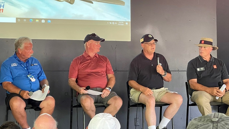 Left to right: EAA Chairman of the Board and CEO Jack Pelton, AOPA President Mark Baker, FAA Aircraft Certification Service Executive Director Earl Lawrence, and GAMA Chairman and CEO Pete Bunce discuss the need for the development of a fleetwide drop-in replacement for leaded avgas. Photo by Eric Blinderman. 
