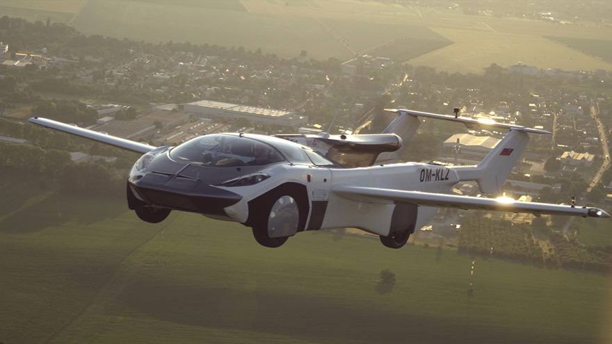 The AirCar prototype has surpassed 40 hours of flight test time with a BMW engine rated at 160 horsepower. A more powerful engine is planned for the next version. Photo courtesy of Klein Vision. 