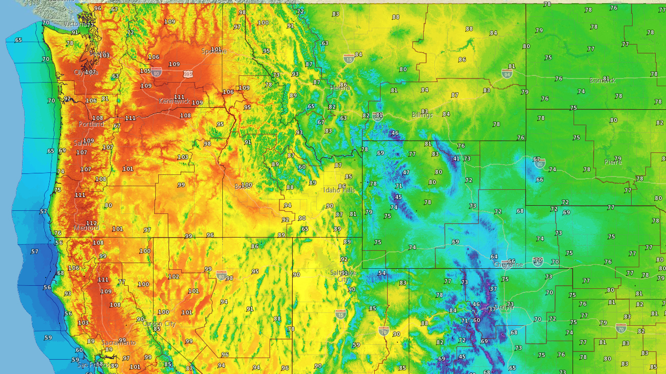 Temperatures were expected to top 100 degrees Fahrenheit on June 27 in Seattle and many other parts of the Pacific Northwest unaccustomed to triple-digit heat, particularly in June. National Weather Service graphic.