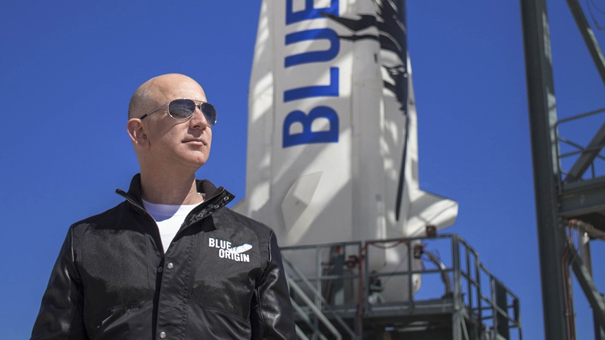 Jeff Bezos, founder of Blue Origin, inspects New Shepard's West Texas launch facility before the rocket's maiden voyage. Photo courtesy of Blue Origin.