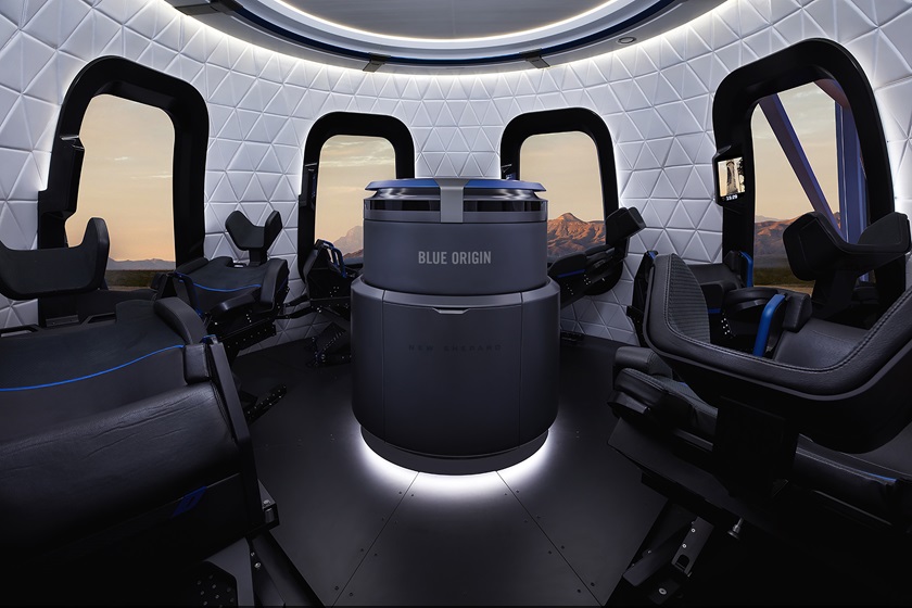 With room for six astronauts, the spacious and pressurized crew capsule designed by Blue Origin is environmentally controlled for comfort and each passenger gets a window seat. The price of a ticket has not yet been announced. Photo courtesy of Blue Origin. 