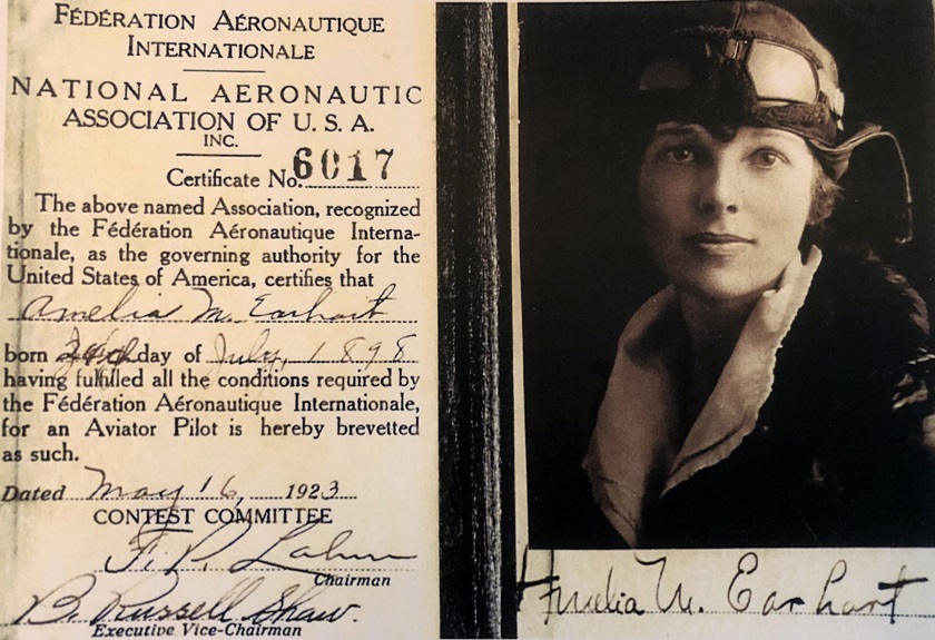 Close-up of Amelia Earhart replica pilot certificate. Photo by MeLinda Schnyder.