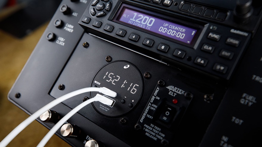 The Chronos digital clock series displays more than time and serves as a USB charger. Photo courtesy of Mid-Continent Instruments and Avionics. 