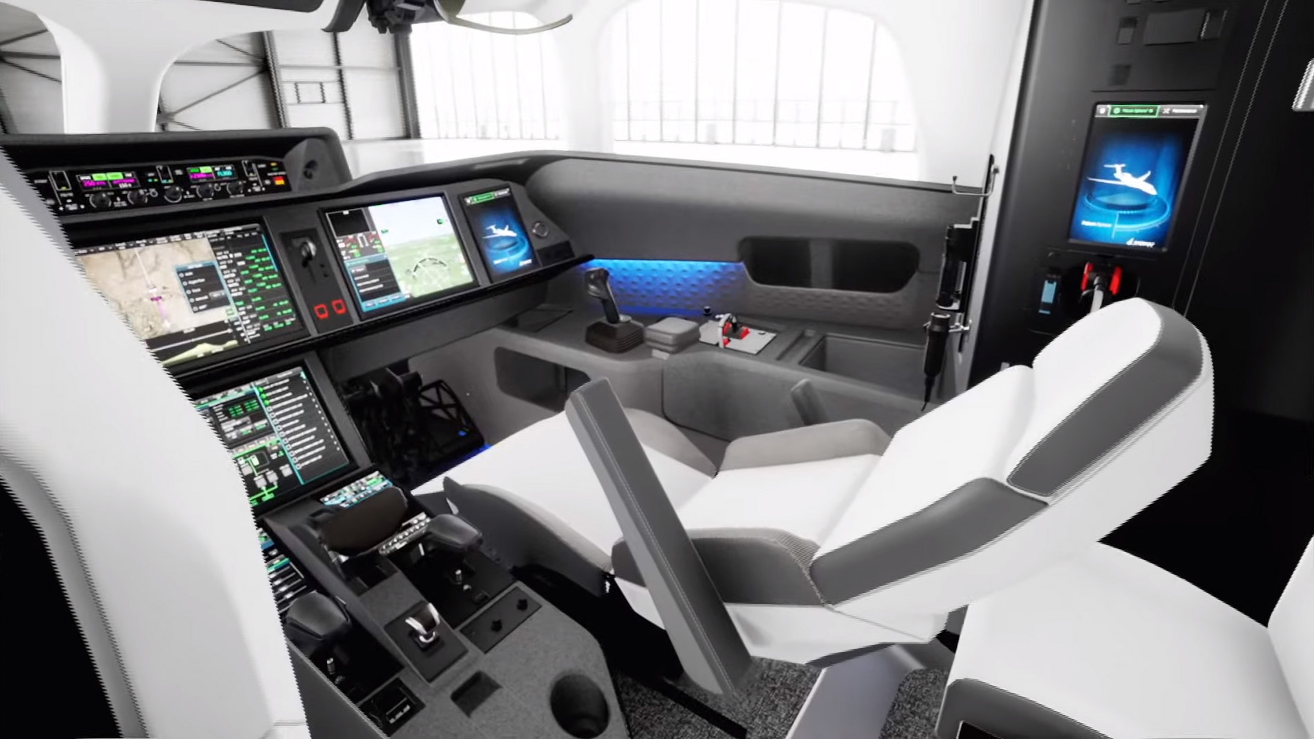 A highly automated flight deck including a single-lever throttle control will reduce workload to the point where one of the two Falcon 10X pilots can recline and rest. Image courtesy of Dassault Aviation.