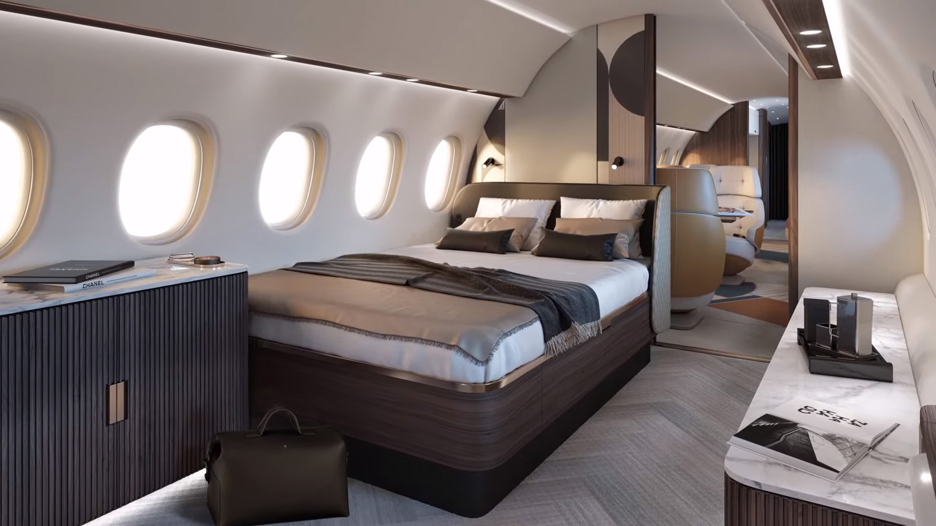 The largest Falcon jet made to date, the 10X can accommodate a bedroom with a queen-size bed. A cabin altitude of just 3,000 feet at 41,000 feet will also help passengers arrive rested and ready. Image courtesy of Dassault Aviation.