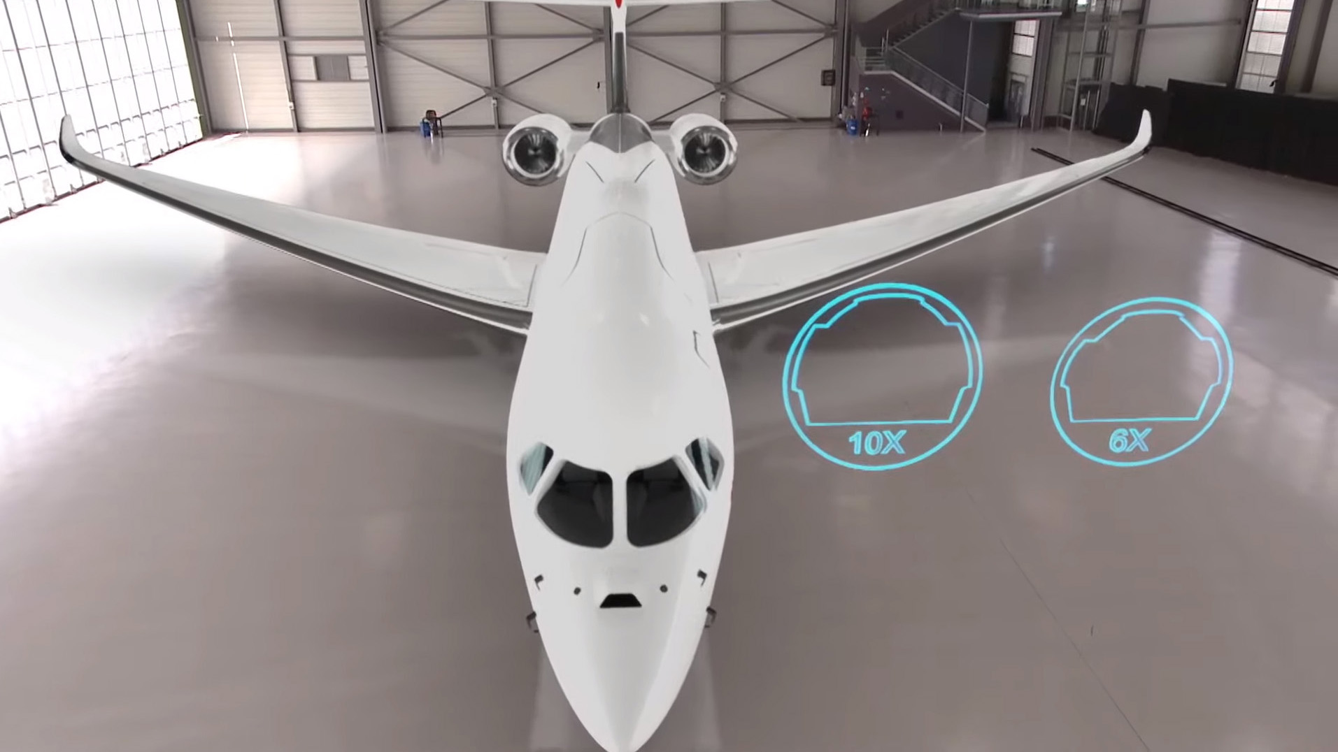 Longer wings with more sweep made from carbon fiber improve performance at high speed for cruise, enhance low-speed performance to operate from shorter runways, and accomplish this without a significant weight penalty thanks to the carbon fiber construction. The Falcon 10X cabin cross section is larger than the Falcon 6X. Image courtesy of Dassault Aviation. 
