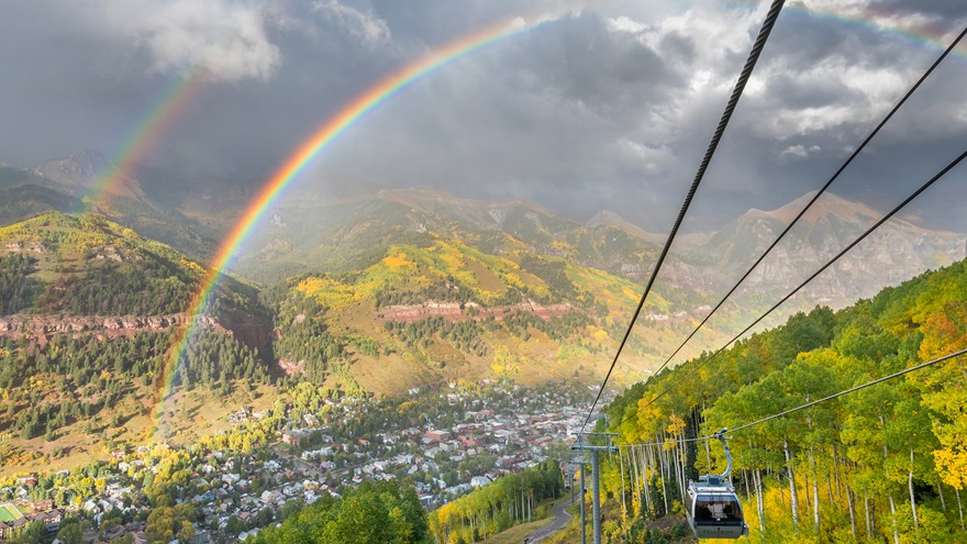 Telluride and Mountain Village are connected by a gondola that runs over the 10,500-foot Coonskin Ridge. The gondola reopens on May 27. Photo courtesy of Visit Telluride, Ryan Bonneau.