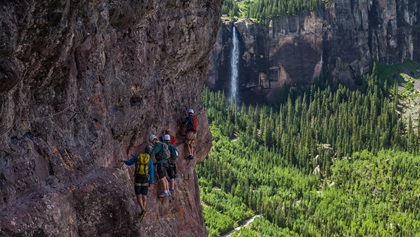 You can see Bridal Veil Falls, Colorado’s highest free falling waterfall, from the two mile trail along a sheer cliff known as the Via Ferrata. With a guide, even beginners can experience this unique trail. Photo courtesy of Visit Telluride, Todd Rutledge.