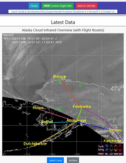 The Vertical Cloud Cross-Section home page shows the latest satellite coverage over Alaska. Click on the Latest Loop button to see recent passes to understand the limits of coverage, as well as watch weather features move across the state.  Graphic courtesy of CIRA/Colorado State University. 