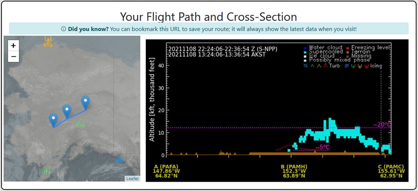 A custom flight path, in this case from Fairbanks to Lake Minchumina and McGrath (PAMC). Graphic courtesy of CIRA/Colorado State University. 