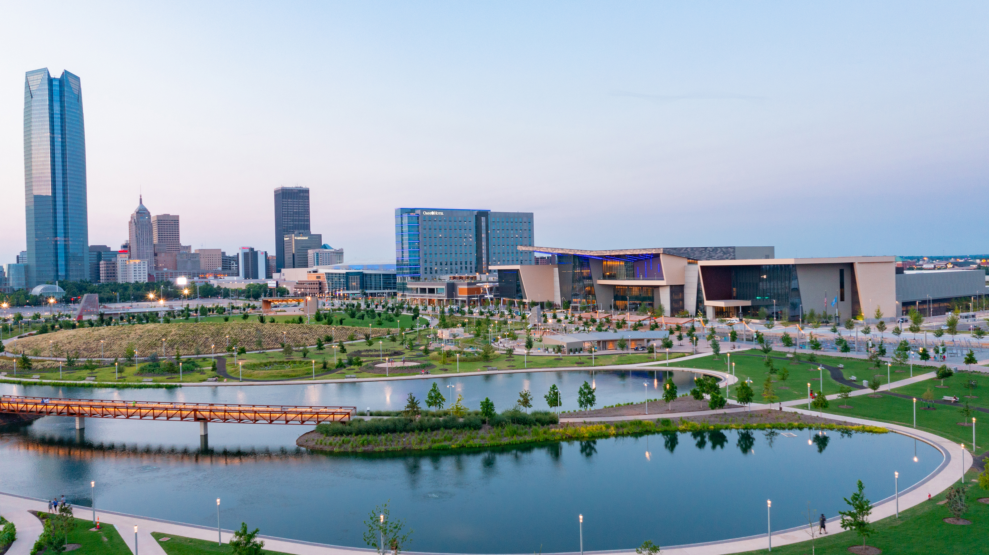 The view of the Oklahoma City skyline from above Scissortail Park in the capital city. The park is named for the state bird of Oklahoma. Photo courtesy Visit OKC.
