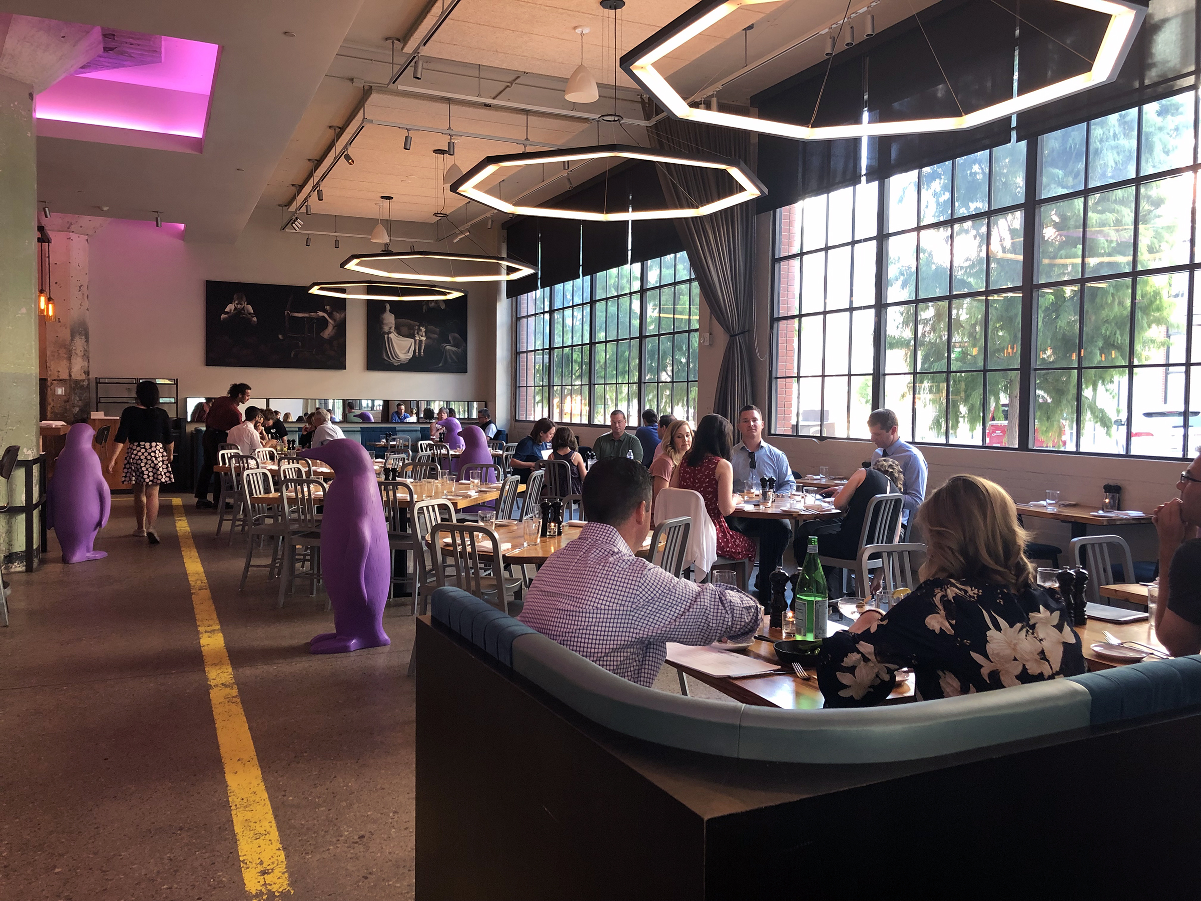 Mary Eddy’s Kitchen x Lounge  is inside the 21c Museum Hotel Oklahoma City. The hotel and restaurant fill the 1916 building that was a former Ford Motor Company assembly plant. One of the plant’s first employees, Fred Jones, worked his way up from production line worker to owner, purchasing the building in 1968 and becoming one of the largest Ford dealers in the world. The restaurant is named for his wife, Mary Eddy Jones. This is one of many refurbished buildings that serve as emblems of industrial innovation in Oklahoma City. Photo by MeLinda Schnyder.