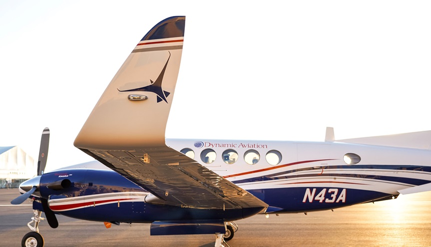 Dynamic Aviation's King Air C-12 (the military version of the King Air 200) is the testbed aircraft for Tamarack's new Performance Smartwing Active Winglet load alleviation system. Photo courtesy of Tamarack Aerospace.