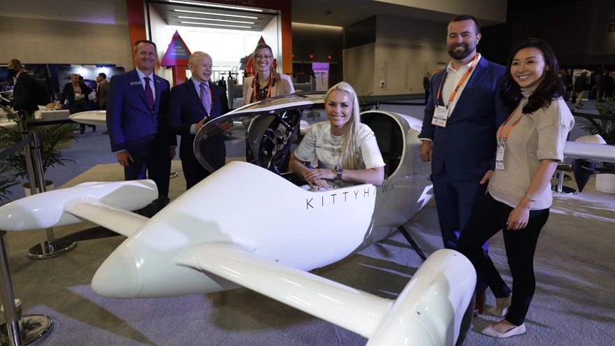Olympic Alpine skier Lindsey Vonn occupies the cockpit of the Kitty Hawk electric airplane in the AAM & Emerging Technologies Zone at the National Business Aviation Association Business Aviation Convention and Exhibition. Photo courtesy of NBAA.