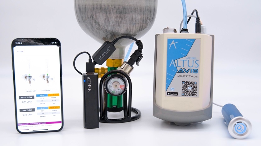 The AVI8 oxygen delivery system uses optical flow measurements to monitor and regulate supplemental oxygen delivery, adding hours of endurance to the compact system. Photo courtesy of Aithre.