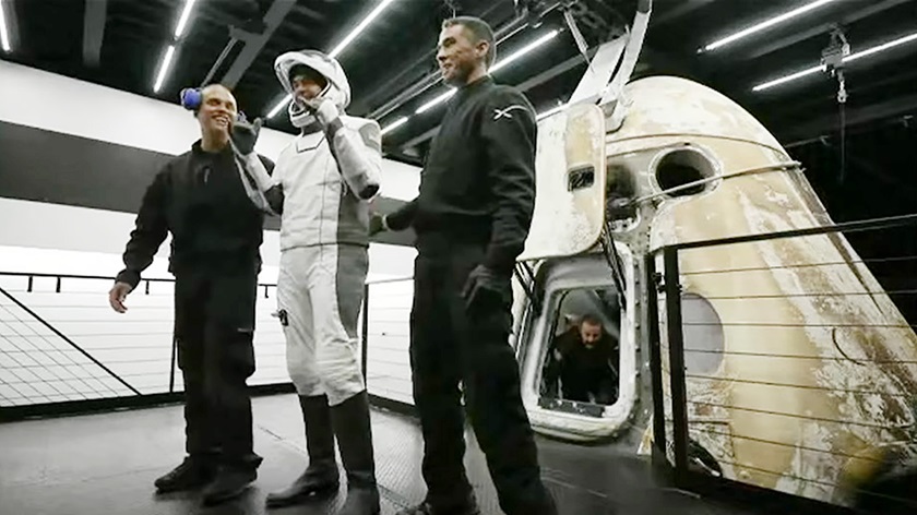 Jared Isaacman, the mission commander who contracted with SpaceX to make Inspiration4 possible, smiles as he emerges  from the Crew Dragon capsule on September 18. Image courtesy of SpaceX via YouTube. 
