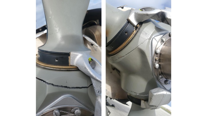 This propeller hub failure was discovered after ground runs, followed by removal of the spinner. Photos courtesy of FAA.