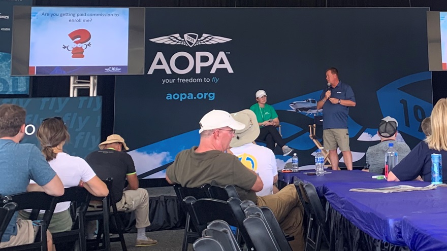 JSfirm Executive Director Abbey Hutter and California Aeronautical University President Matt Johnston offered aviation career advice to around 100 people attending their July 30 seminar at EAA AirVenture Oshkosh. Photo by Alicia Herron. 