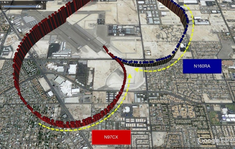 The ADS-B track from the NTSB’s preliminary report showing the flight paths of the two accident aircraft. Image courtesy of the NTSB.