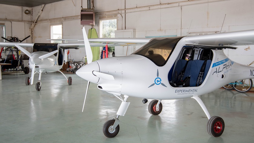 New Vision Aviation's Pipistrel Alpha Eletro aircraft parked in the group's hangar at the Fresno Chandler Executive Airport. Photo by Niki Britton.