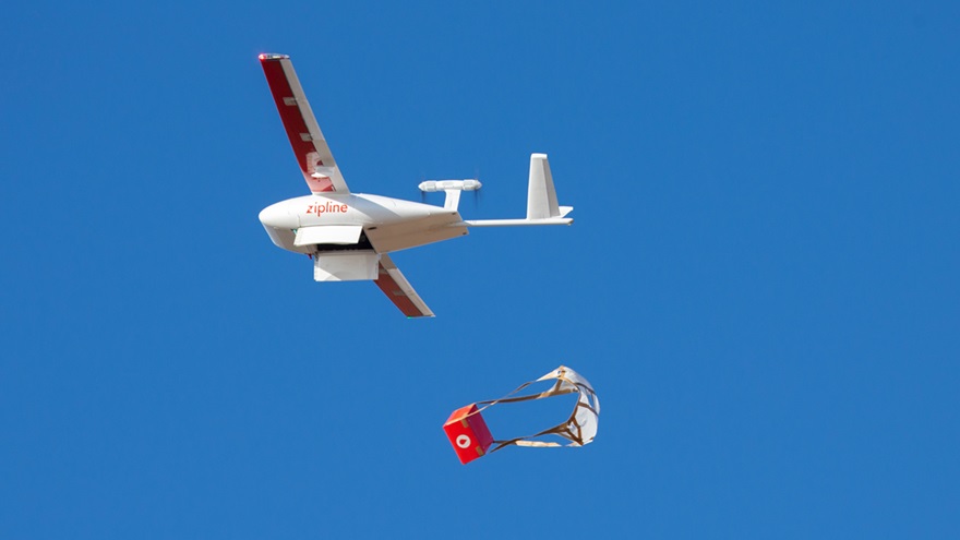  A Zipline aircraft makes a package drop. Photo courtesy of Zipline. 