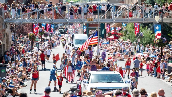 Red, white, and blue decorations line historic Main Street during Fourth of July festivities in Park City, Utah. Photo courtesy of Park City Chamber/Bureau.