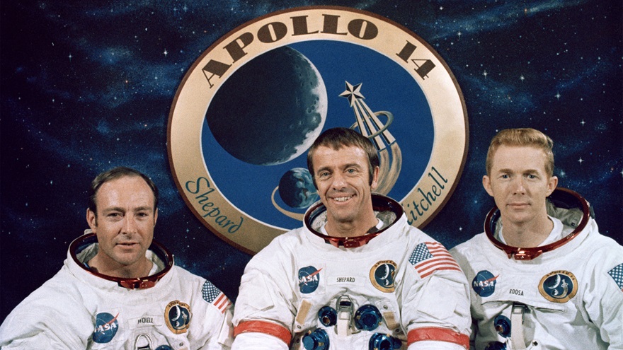 An Apollo 14 crew photo featuring primary mission crew (left to right) Edgar D. Mitchell, Alan B. Shepard Jr., and Stuart A. Roosa in front of the Apollo 14 mission emblem served as the basis for the album cover art released with Led Zeppelin’s “Early Days: The Best of Led Zeppelin Volume One.” Photo courtesy of NASA.