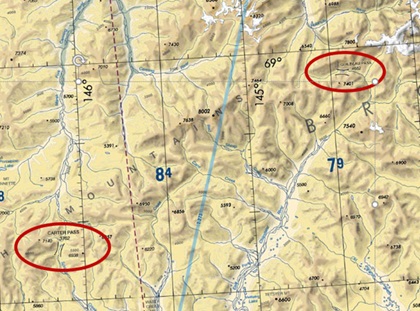 Carter Pass, in the circle in the lower left corner of this segment of the Point Barrow sectional, is lower and provides a more direct route across the eastern Brooks Range, connecting the Chandalar River drainage to the south with the Marsh Fork of the Canning River to the north.  The only other charted pass in this area is Guilbeau Pass, some 40 miles further to the east.