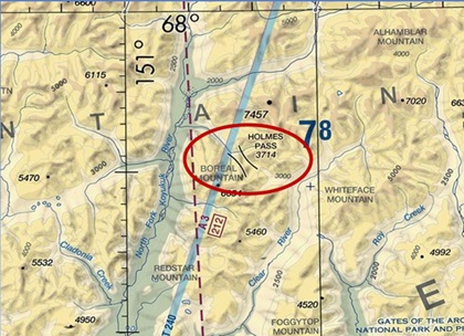 Holmes Pass, also in the central Brooks Range, is proposed for removal from the charts.  Consultation with pilots familiar with this area and inspection of ADS-B data suggest that this pass is not used by pilots, and that those who do fly through the area below mountain top levels follow the river valley to the west.